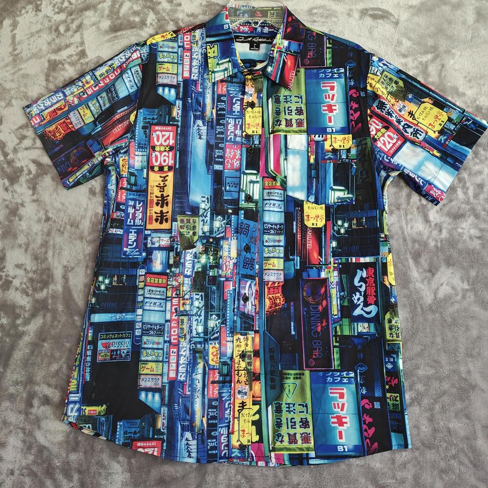 Just Attitude Shirt Mens L Neon Cityscape Graphic Japan Tokyo All Over Print